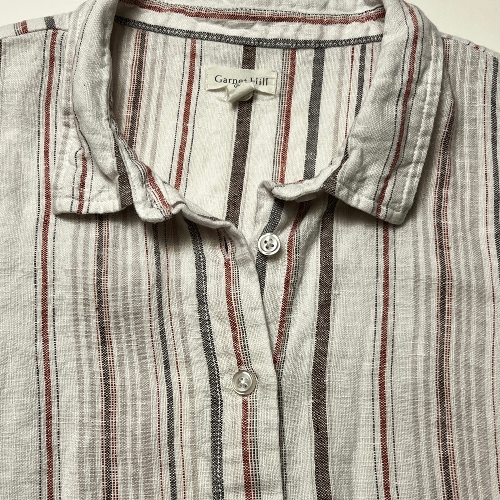 Garnet Hill White Burgundy Plum Brown 100% Linen Classic Shirtdress Size 12